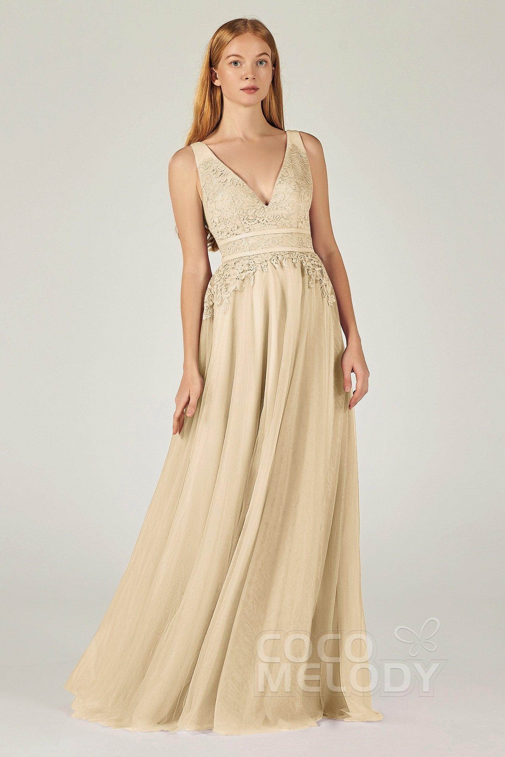 A-Line Floor Length Tulle Lace Bridesmaid Dress CB0379 - COCOMELODY